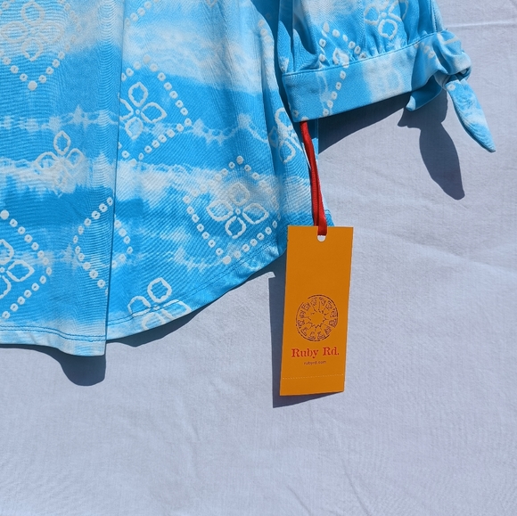 Ruby Rd. Aqua blue tie dye women's top 3/4 tie sleeves size Large Modest New - Picture 3 of 6